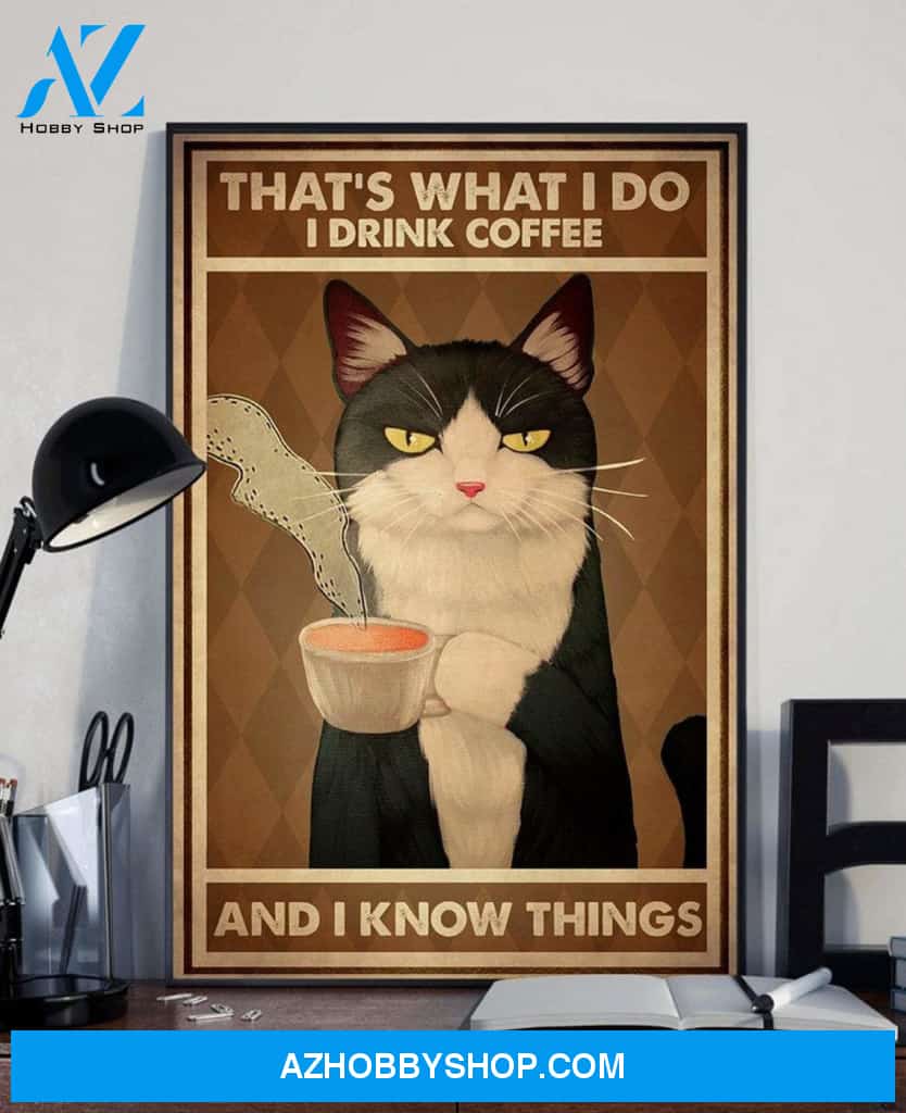Tuxedo Cat Drink Coffee And Know Things Canvas And Poster, Wall Decor Visual Art