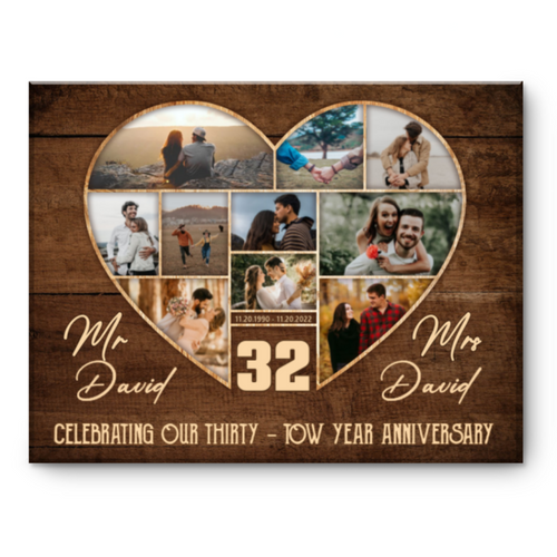 32nd Wedding Anniversary Present, Gift For 32nd Anniversary, Heart Shape Photo Collage