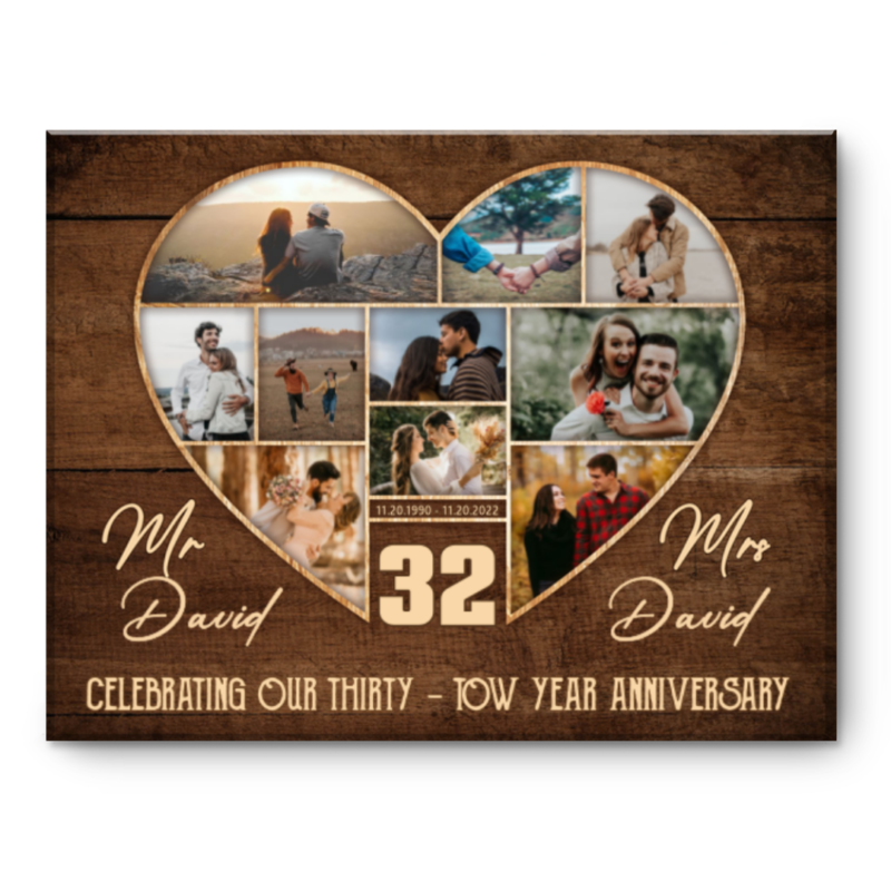 32nd Wedding Anniversary Present, Gift For 32nd Anniversary, Heart Shape Photo Collage