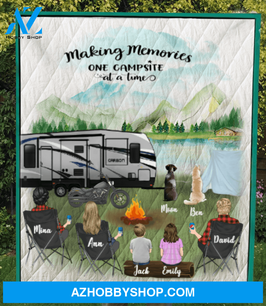 Two Women With 1 Man , 2 Kids And 2 Pets - Personalized Camping Quilt Blanket Gift Idea For Camping Lovers - Best Camping Blanket