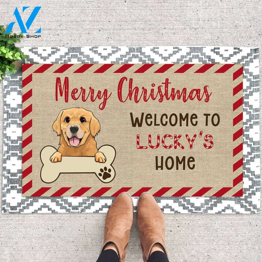 Upload Photo And Custom Name Dog Merry Christmas Doormat