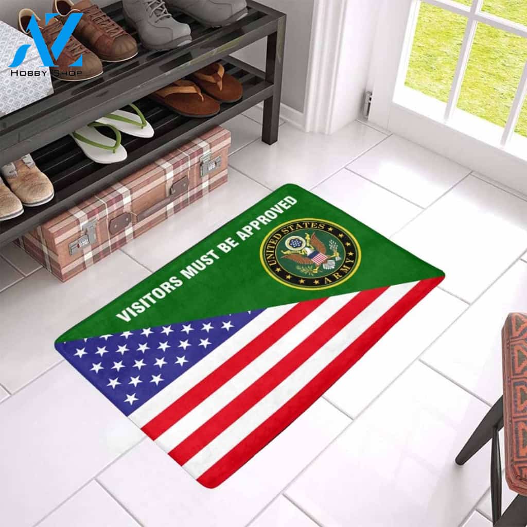 Us Flag And Army Logo - Visitors Must Be Approved Doormat | Welcome Mat | House Warming Gift