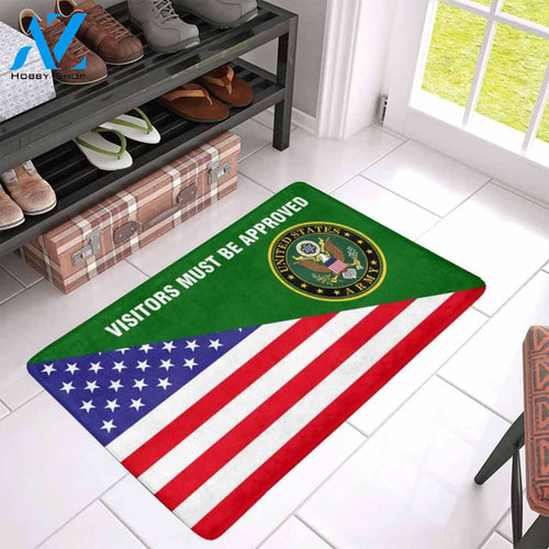 Us Flag And Army Logo - Visitors Must Be Approved Doormat | Welcome Mat | House Warming Gift