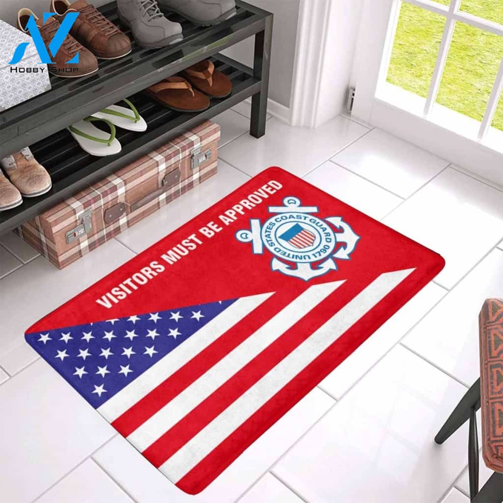 Us Flag And Us Coast Guard Logo - Visitors Must Be Approved Doormat | Welcome Mat | House Warming Gift