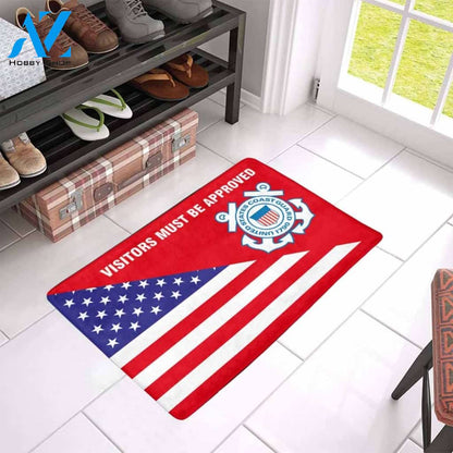 Us Flag And Us Coast Guard Logo - Visitors Must Be Approved Doormat | Welcome Mat | House Warming Gift
