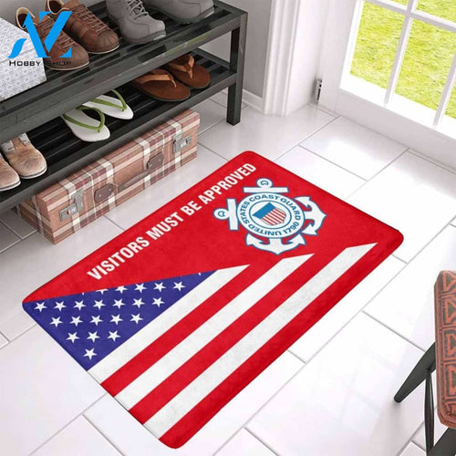 Us Flag And Us Coast Guard Logo - Visitors Must Be Approved Doormat | Welcome Mat | House Warming Gift
