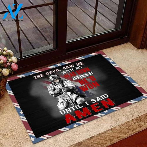 Veteran - The Devil Saw Me With Head Down Veteran Day Doormat, Gift for Friend Family Birthday Gift Decor Warm House Gift Welcome Mat