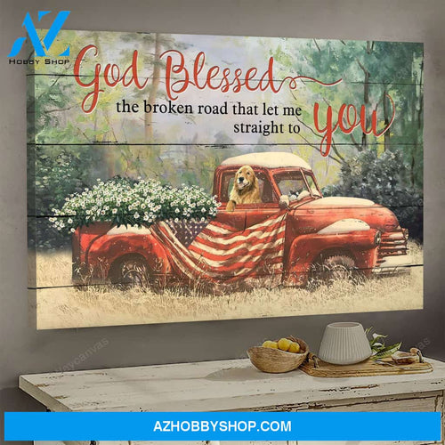 Vintage car carrying daisies and dog - God blessed the broken road - Jesus Landscape Canvas Prints - Wall Art