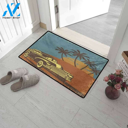 Vintage Car On The Beach Palm Trees Sunset Indoor And Outdoor Doormat Warm House Gift Welcome Mat Gift For Friend Family