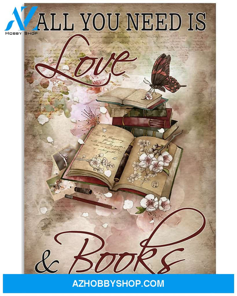 Vintage Floral Book All You Need Is Love Books Butterfly Poster Canvas