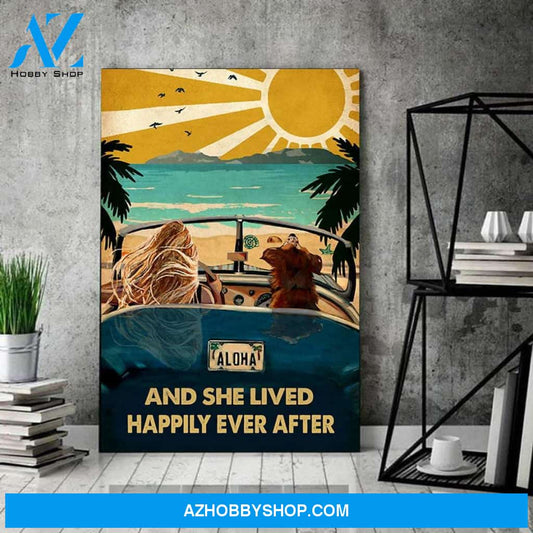 Love Dog Poster, Girl Dog At The Beach, Vintage Girl Dog Poster, And She Lived Happily Ever After Canvas And Poster, Wall Decor Visual Art