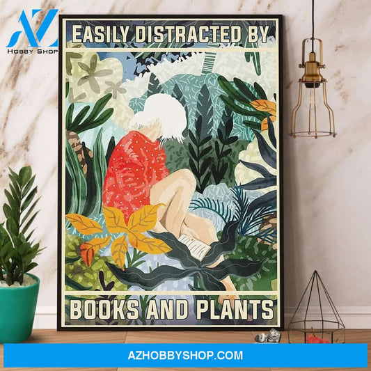 Vintage Girl Gardening Easily Distracted By Books And Plants Canvas And Poster, Wall Decor Visual Art