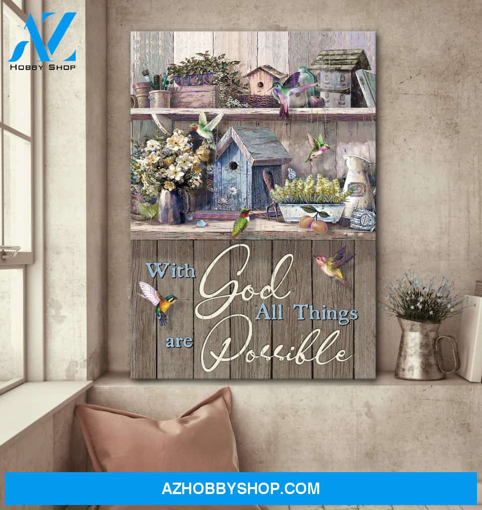 Vintage Kitchen, With God all things are possible - Jesus Flowers Hummingbird Portrait Canvas Prints, Wall Art