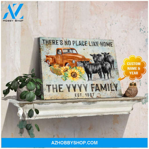 Ohcanvas Vintage Truck and Angus Cows on Rustic Wood There's no place like home Farmhouse Custom Name and Year Canvas Wall Art Decor