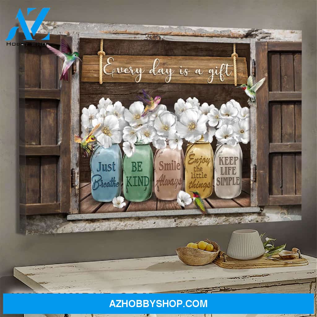 Vintage window frame, Every day is a gift - Jesus, hummingbird, flower vase Landscape Canvas Prints, Wall Art