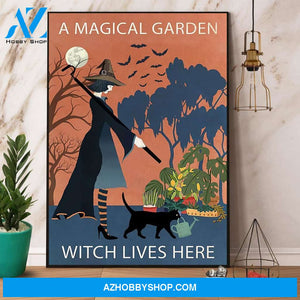 Vintage Witch & Cat A Magical Garden Witch Lives Here Halloween Gift Canvas And Poster, Wall Decor Visual Art