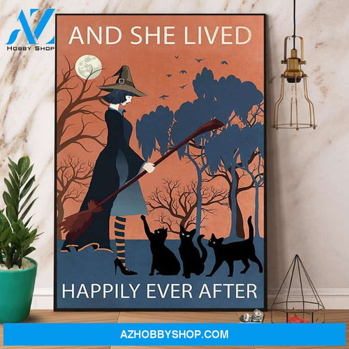 Vintage Witch & Cat And She Lived Happily Ever After Halloween Gift Canvas And Poster, Wall Decor Visual Art