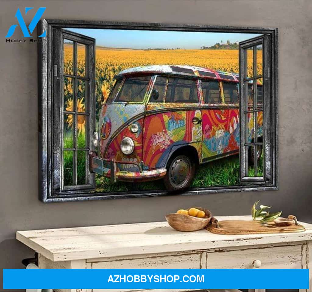 Volkswagen Car Sunflower Out Of Window Hippie Camping Lovers Poster Poster Canvas