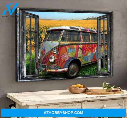 Volkswagen Car Sunflower Out Of Window Hippie Camping Lovers Poster Poster Canvas