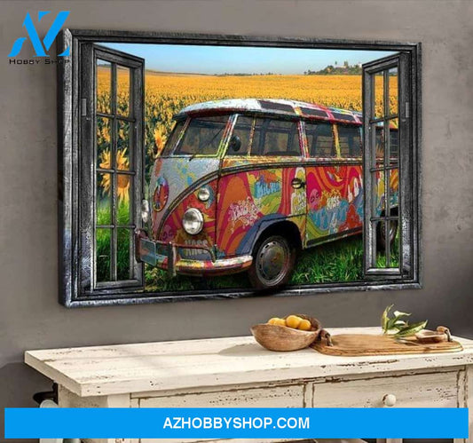 Volkswagen Car Sunflower Out Of Window Hippie Camping Lovers Poster Poster Canvas