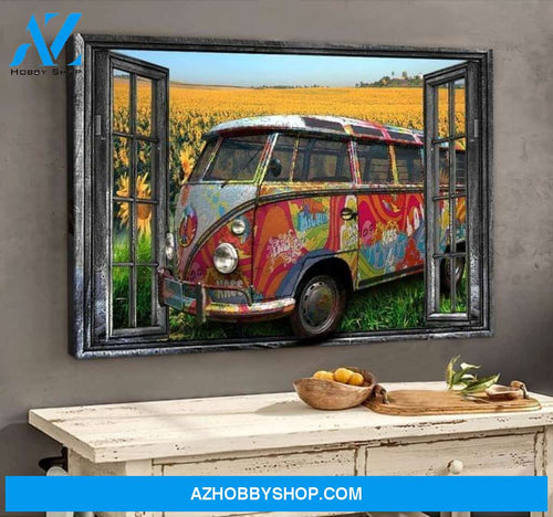 Volkswagen Car Sunflower Out Of Window Hippie Camping Lovers Poster Poster Canvas
