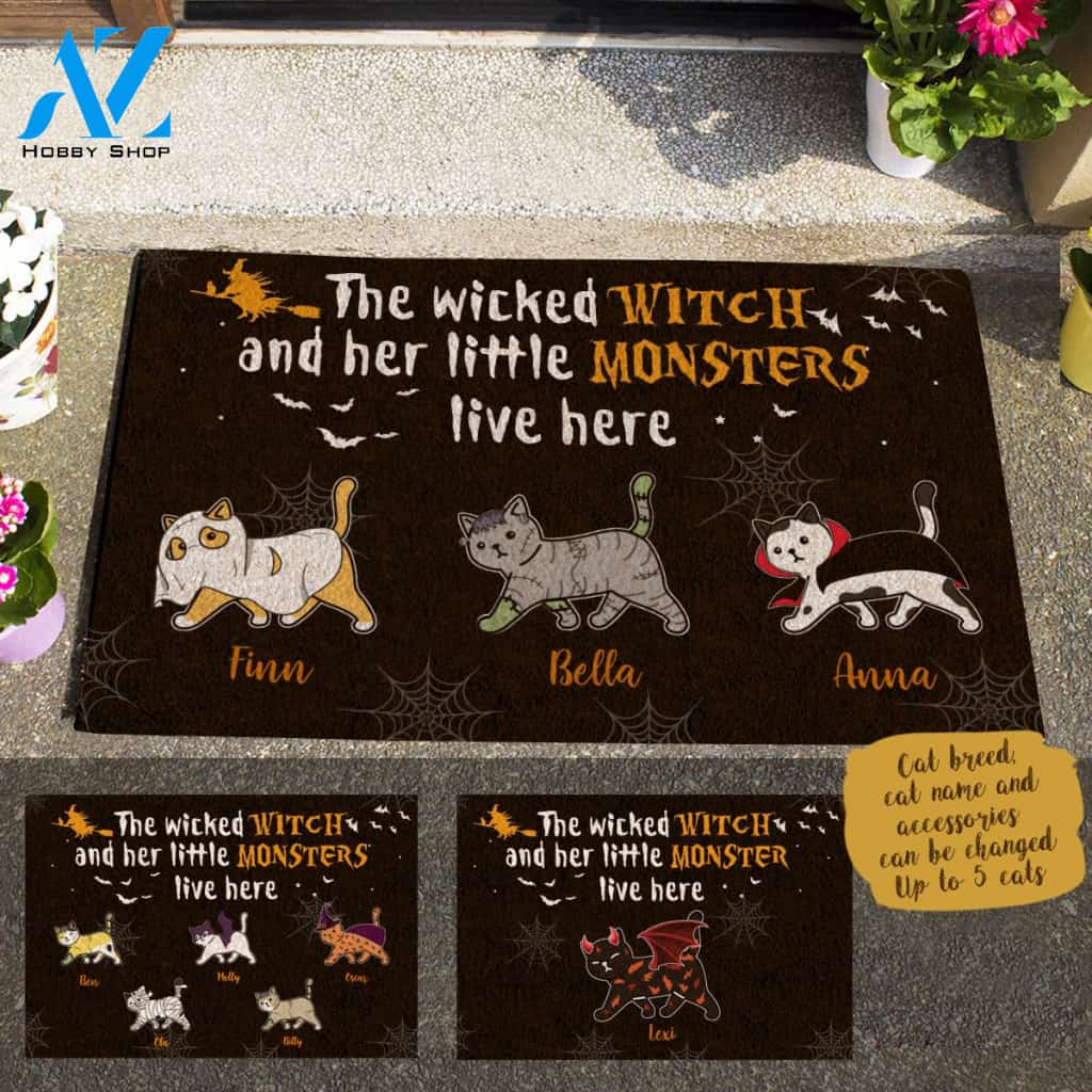 Walking Cat , The Wicked Witch And Her Monster Live Here Personalized Doormat HQ
