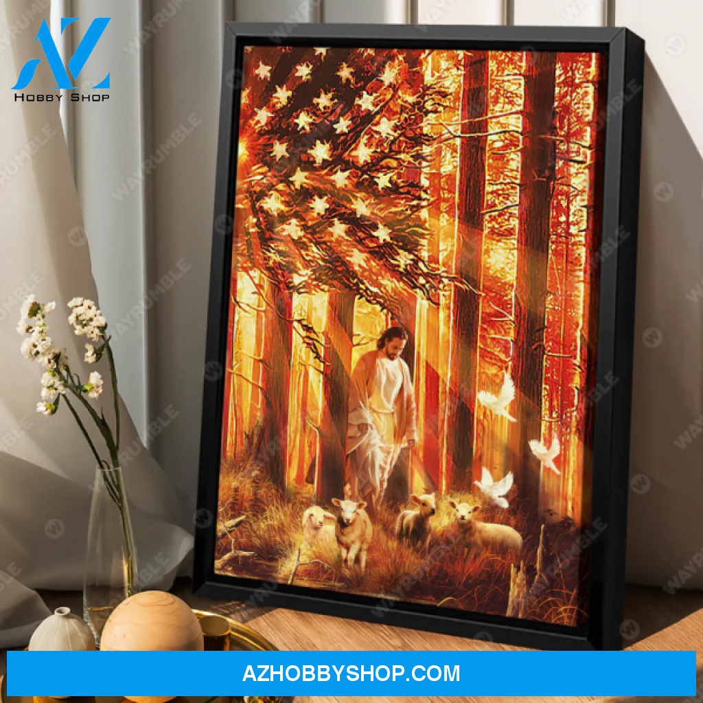 Wall Art Canvas Jesus Painting- Walking With The Lambs - Us Flag Portrait Prints 18X12 Inches