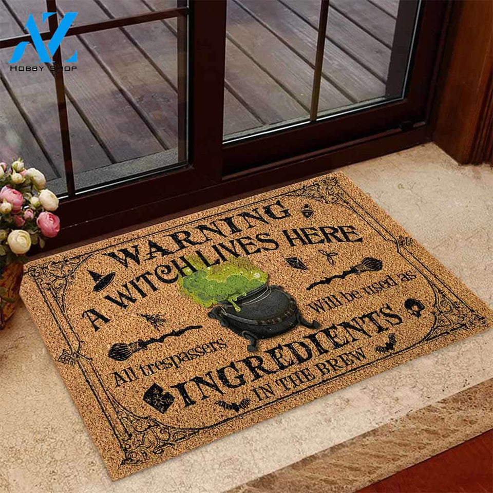 Warning A Witch Lives Here - Witch Coir Pattern Print Doormat