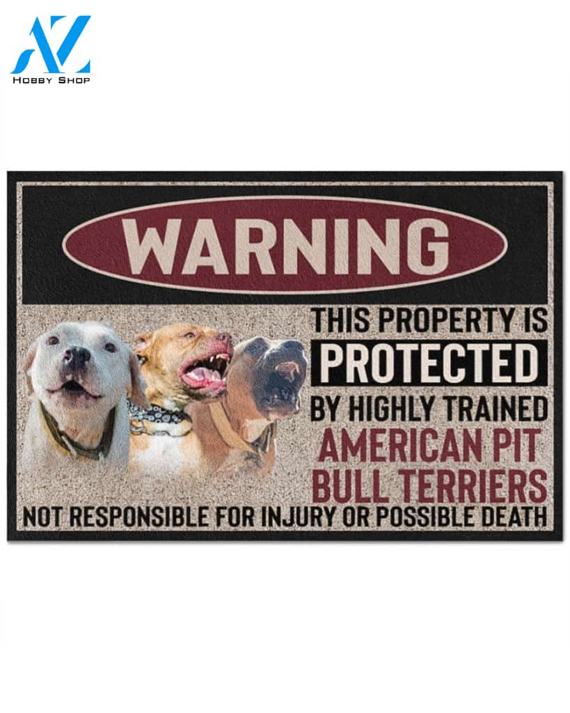 Warning - American Pit Bull Terrier Doormat This Property Is Protected Indoor And Outdoor Doormat Warm House Gift Welcome Mat Gift For American Pit Bull Terrier Dog Lovers