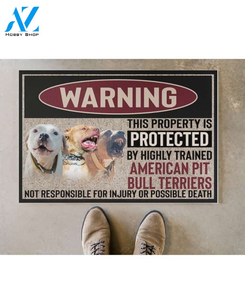 Warning - American Pit Bull Terrier Doormat This Property Is Protected Indoor And Outdoor Doormat Warm House Gift Welcome Mat Gift For American Pit Bull Terrier Dog Lovers