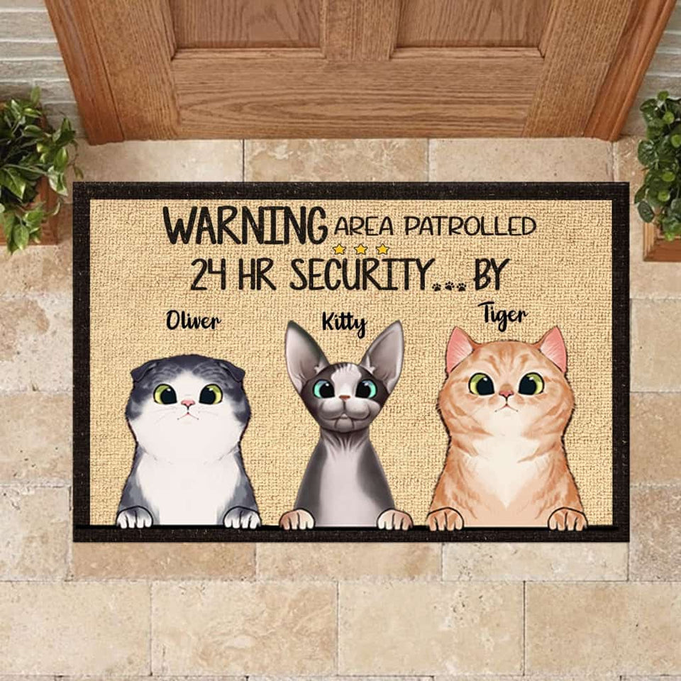 Warning Area Patrolled By Peeking Cat - Personalized Doormat Door