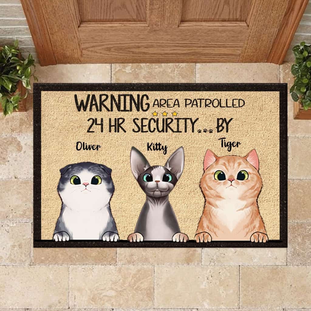 Warning Area Patrolled By Peeking Cat - Personalized Doormat Door