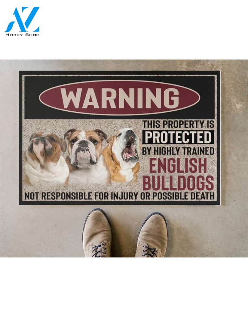 Warning - English Bulldog Doormat This Property Is Protected Indoor And Outdoor Doormat Warm House Gift Welcome Mat Gift For English Bulldog Lovers