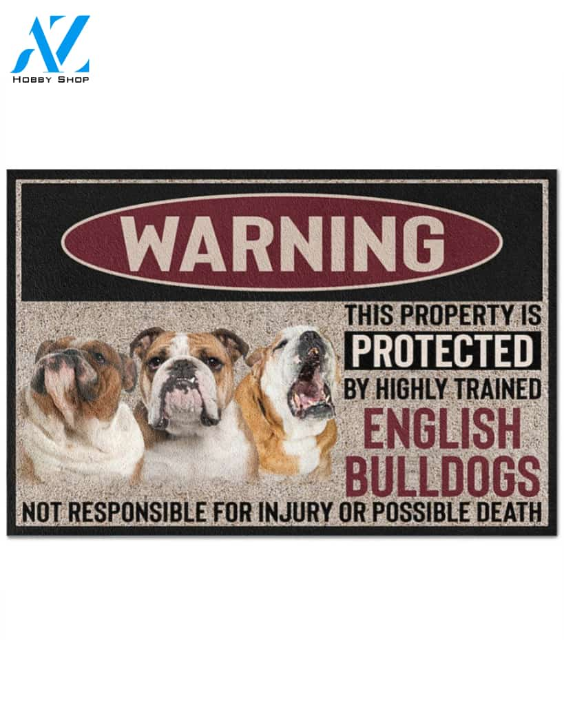 Warning - English Bulldog Doormat This Property Is Protected Indoor And Outdoor Doormat Warm House Gift Welcome Mat Gift For English Bulldog Lovers