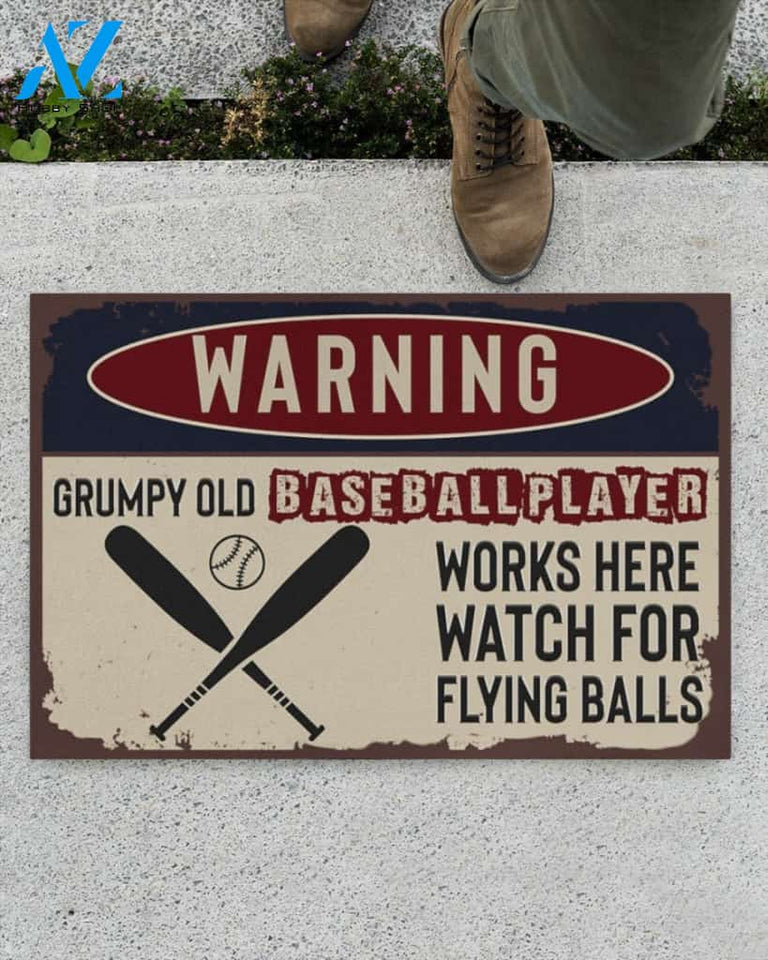 Warning Grumpy Old Baseball Player Works Here Watch For Flying Balls Doormat Welcome Mat Housewarming Gift Home Decor Funny Doormat Gift For Baseball Player