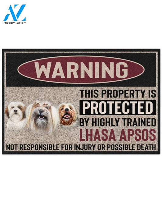 Warning - Lhasa Apso Doormat This Property Is Protected Indoor And Outdoor Doormat Warm House Gift Welcome Mat Gift For Lhasa Apso Dog Lovers