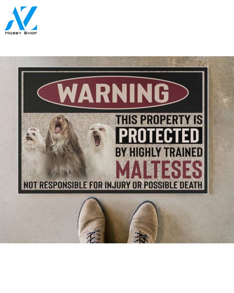 Warning - Maltese Doormat This Property Is Protected Indoor And Outdoor Doormat Warm House Gift Welcome Mat Gift For Maltese Dog Lovers