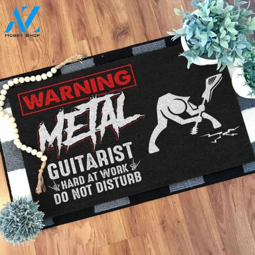 Warning metal guitarist hard at work do not disturb Doormat | Welcome Mat | House Warming Gift