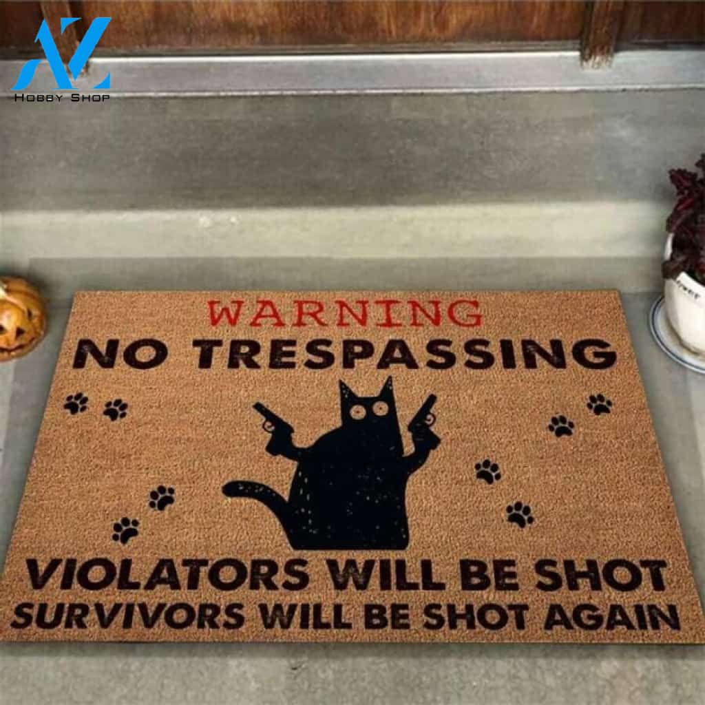 Warning No Trespassing Cat Coir Pattern Print Doormat | Welcome Mat | House Warming Gift