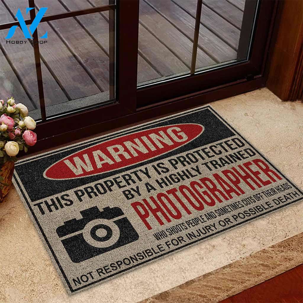 Warning - Photography Coir Pattern Print Doormat