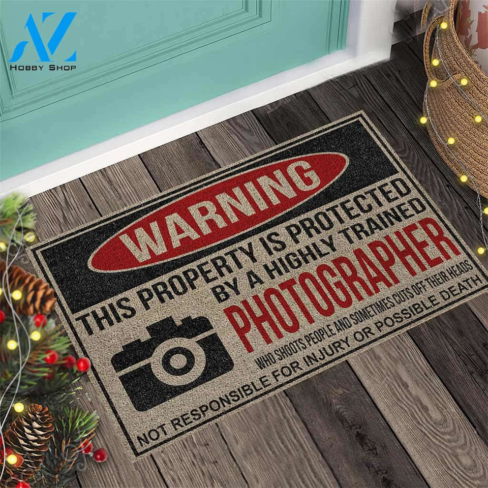 Warning - Photography Coir Pattern Print Doormat