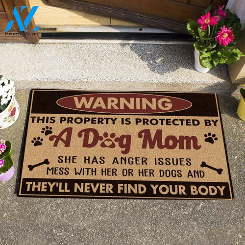 Warning, Property Protected By A Dog Mom Doormat Welcome Mat House Warming Gift Home Decor Gift for Dog Lovers Funny Doormat Gift Idea