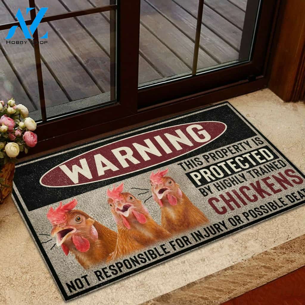 Warning Protected By Chicken Funny Indoor And Outdoor Doormat Warm House Gift Welcome Mat Gift For Chicken Lovers Farm Farmer