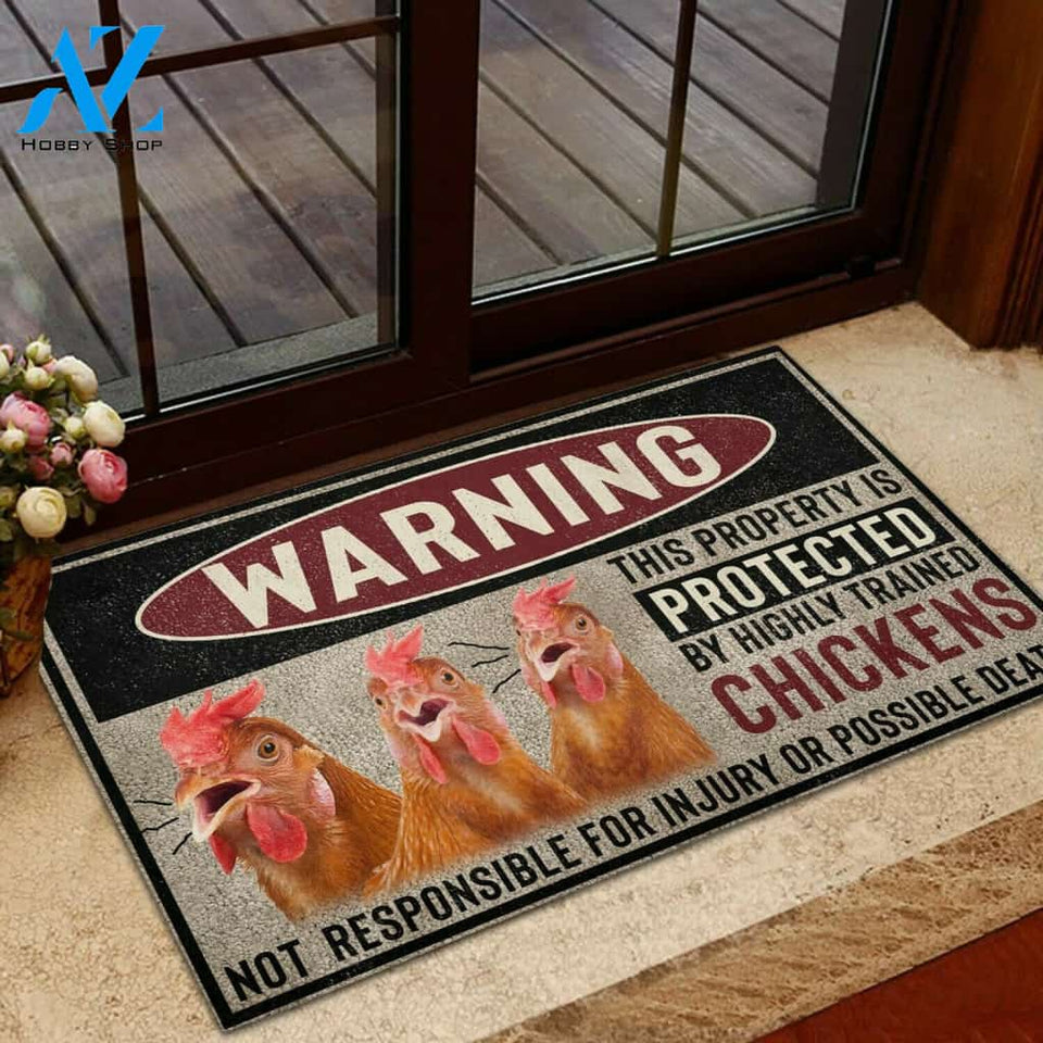 Warning Protected By Chicken Funny Indoor And Outdoor Doormat Warm House Gift Welcome Mat Gift For Chicken Lovers Farm Farmer