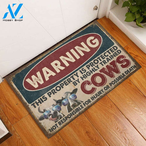 Warning Protected By Cow Funny Indoor And Outdoor Doormat Warm House Gift Welcome Mat Gift For Cow Lovers Farm Farmer