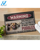 Warning -Puggles Doormat This Property Is Protected Indoor And Outdoor Doormat Warm House Gift Welcome Mat Gift For Pug Dog Lovers