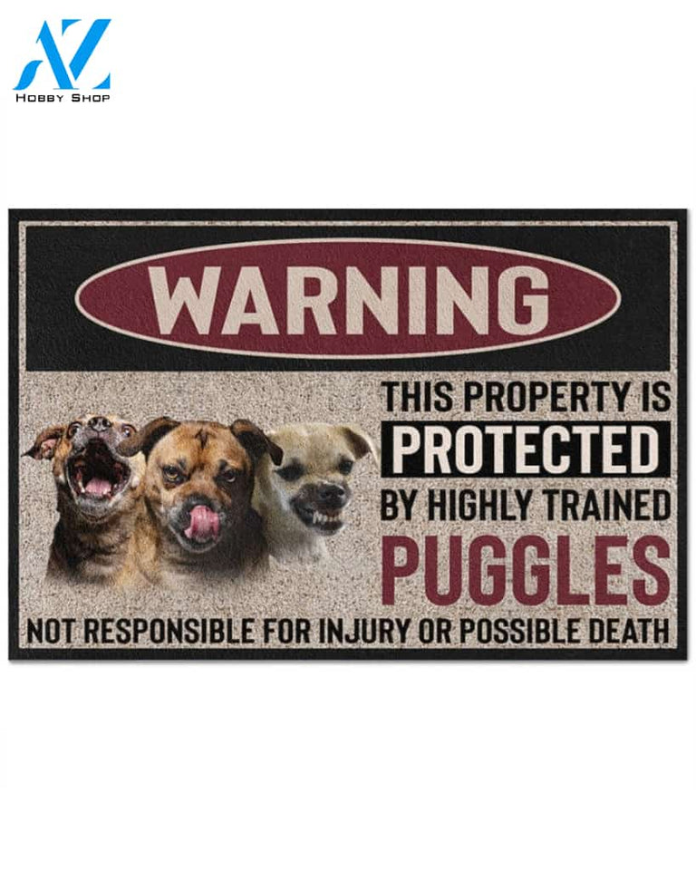 Warning -Puggles Doormat This Property Is Protected Indoor And Outdoor Doormat Warm House Gift Welcome Mat Gift For Pug Dog Lovers