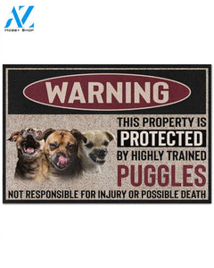 Warning -Puggles Doormat This Property Is Protected Indoor And Outdoor Doormat Warm House Gift Welcome Mat Gift For Pug Dog Lovers