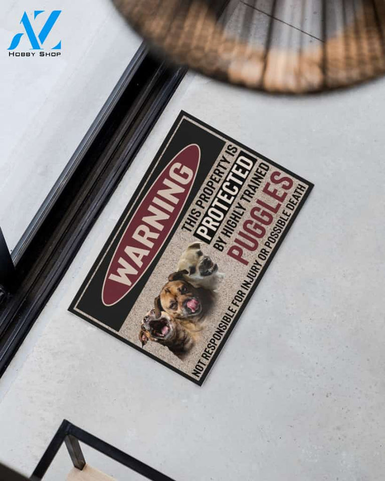Warning -Puggles Doormat This Property Is Protected Indoor And Outdoor Doormat Warm House Gift Welcome Mat Gift For Pug Dog Lovers