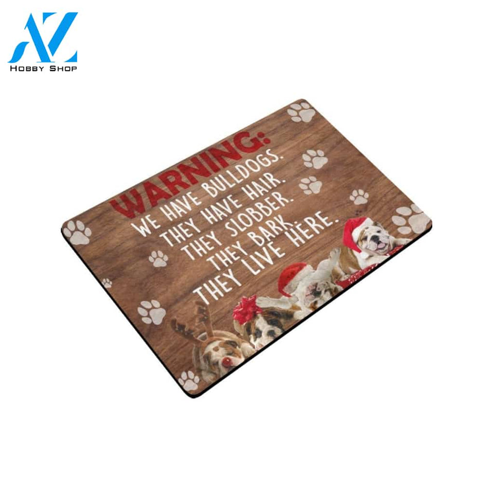 Warning The Bulldogs Live Here Doormat Indoor And Outdoor Mat Entrance Rug Sweet Home Decor Housewarming Gift Gift For Friend Family Stem Feminist